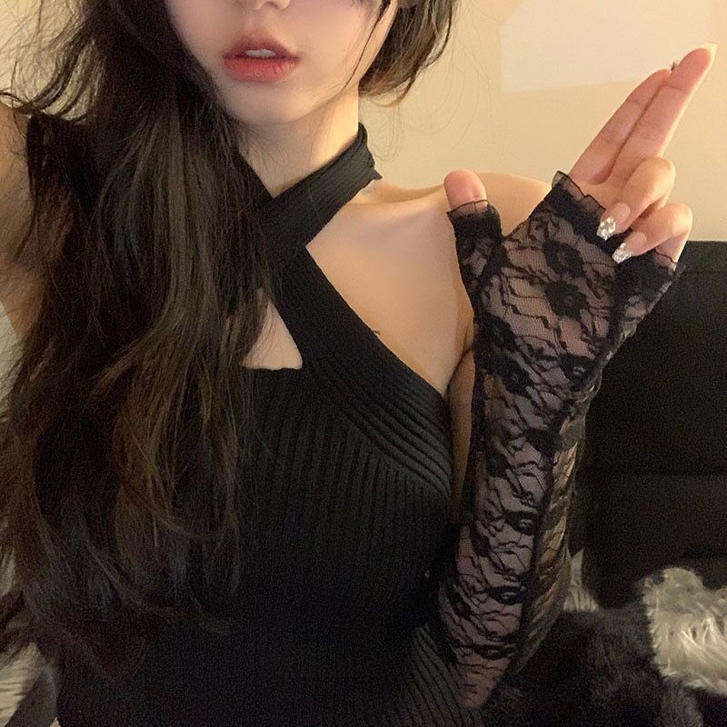 女团纯欲柔软复古网纱花嫁Lolita白色蕾丝手套性感拍照道具高级黑