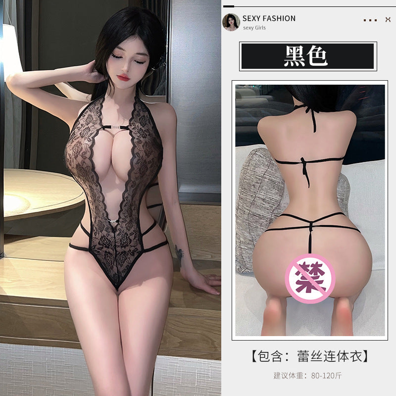 性感情趣蕾丝深V透视免脱连体衣 8522