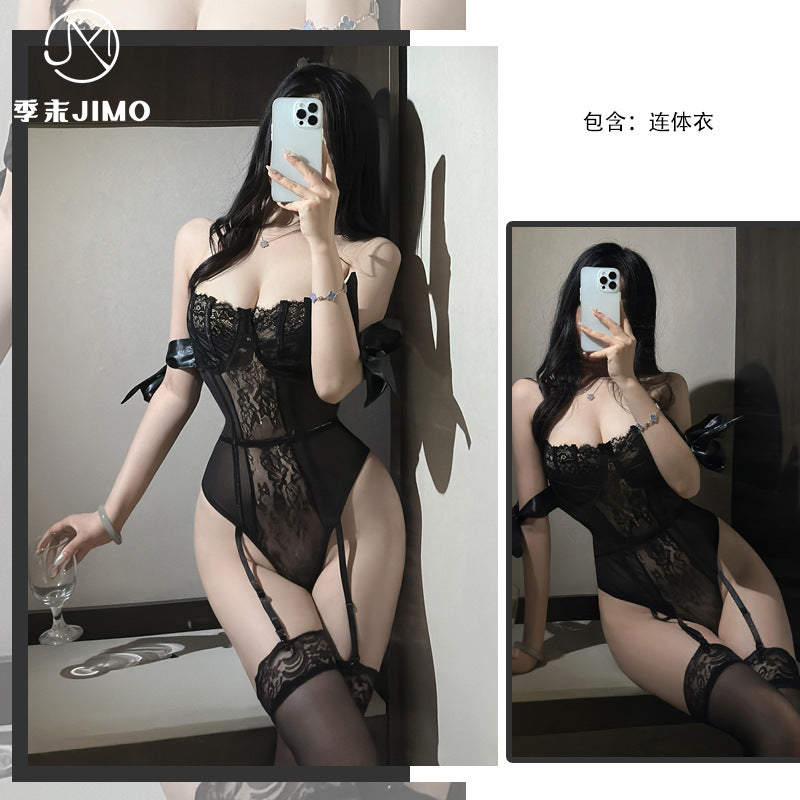 性感蕾丝绑带塑身纯欲缕空蝴蝶结捆绑连体衣7034