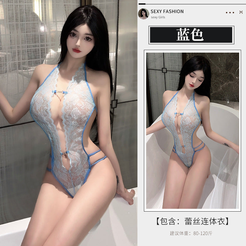 性感情趣蕾丝深V透视免脱连体衣 8522