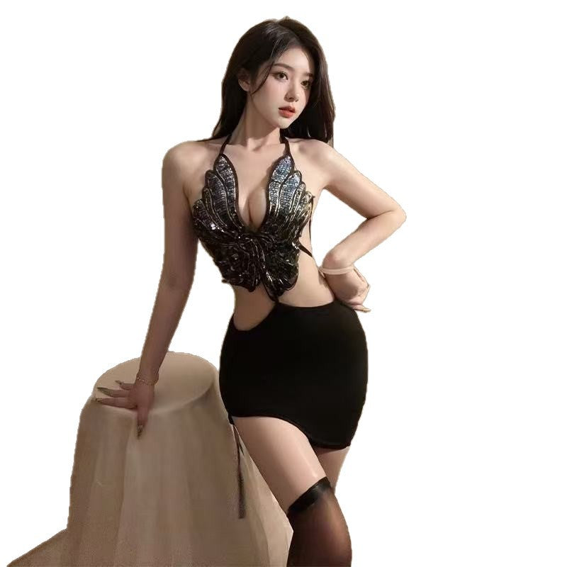 蝴蝶夫人性感露背紧身吊带睡裙5963