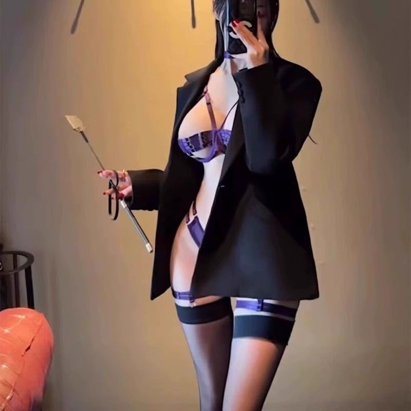 辣妹设计文胸套装聚拢火辣露乳四件套6088 紫色 带腿环颈环油光袜