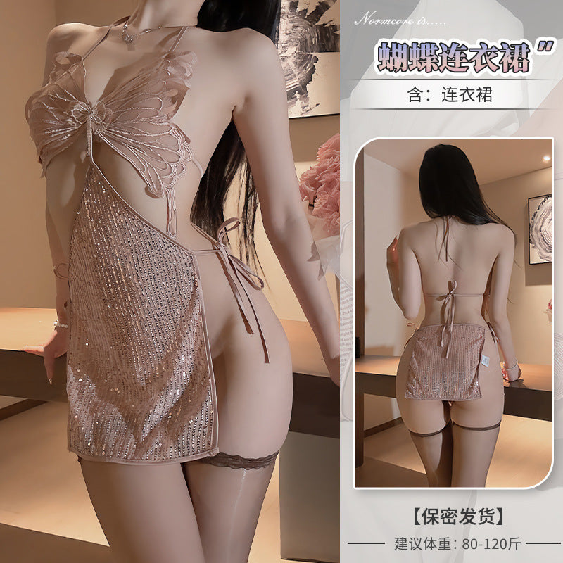 性感露背系带亮片纯欲蝴蝶吊带睡裙玫瑰金F114