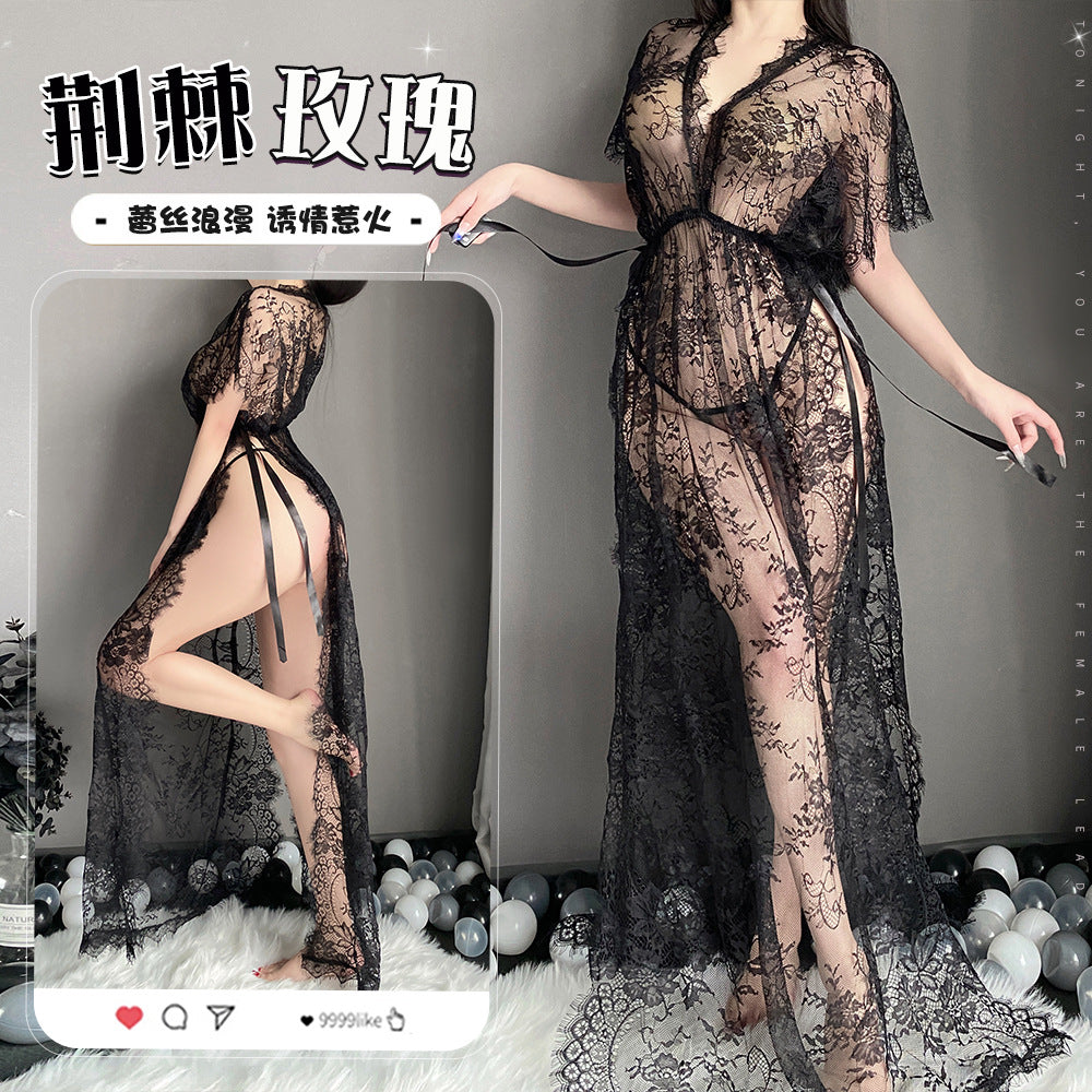 纯欲诱惑睡衣套装蕾丝透明长款睡裙2139