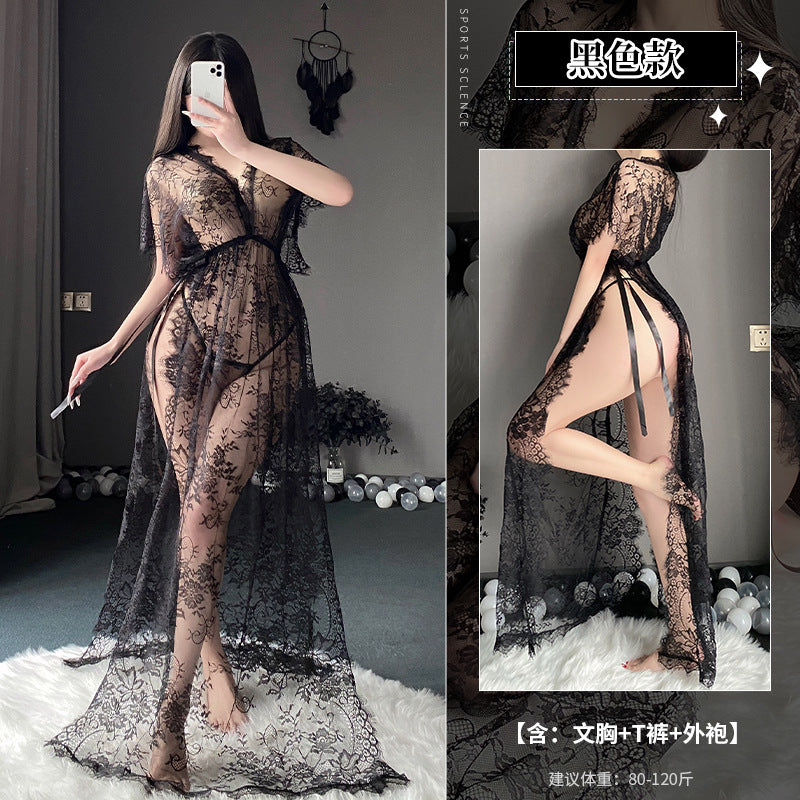 纯欲诱惑睡衣套装蕾丝透明长款睡裙2139