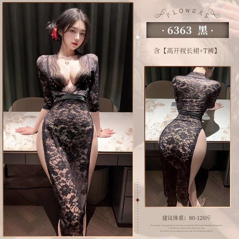 性感蕾丝长裙火辣侧开叉修身睡衣8203