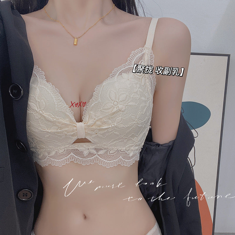 性感纯欲风法式蕾丝内衣女小胸聚拢无钢圈收副乳防下垂文胸罩套装