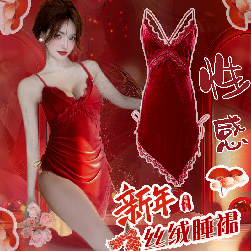 金丝绒性感蕾丝侧开诱惑吊带睡衣5352