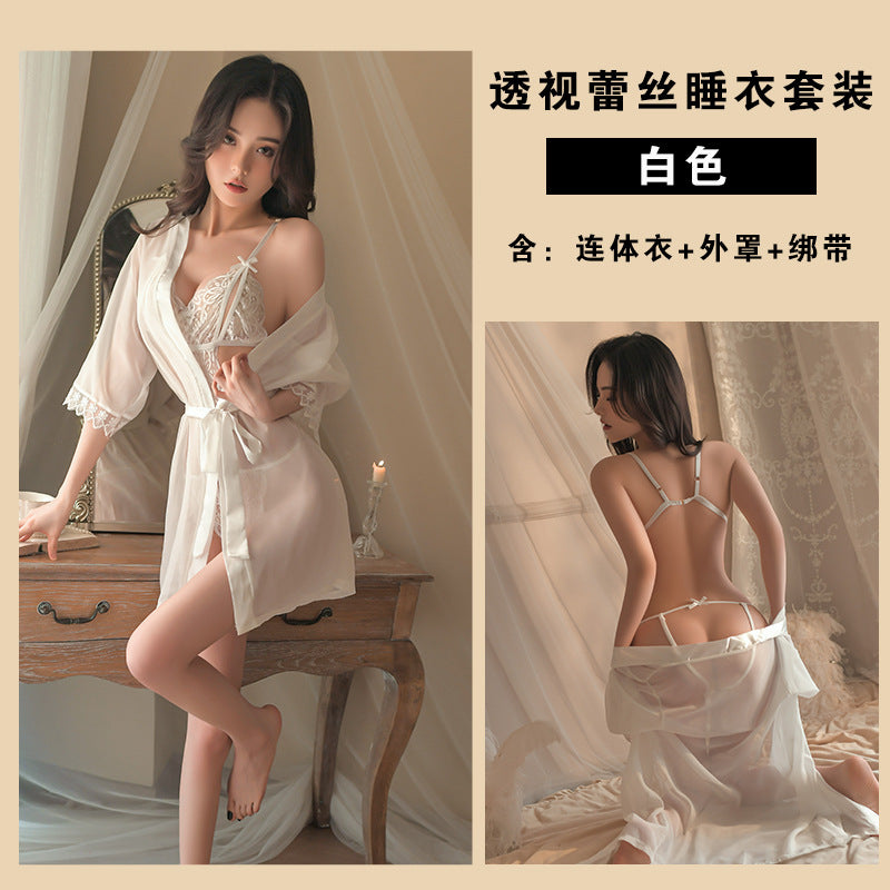 性感蕾丝连体带外袍1648