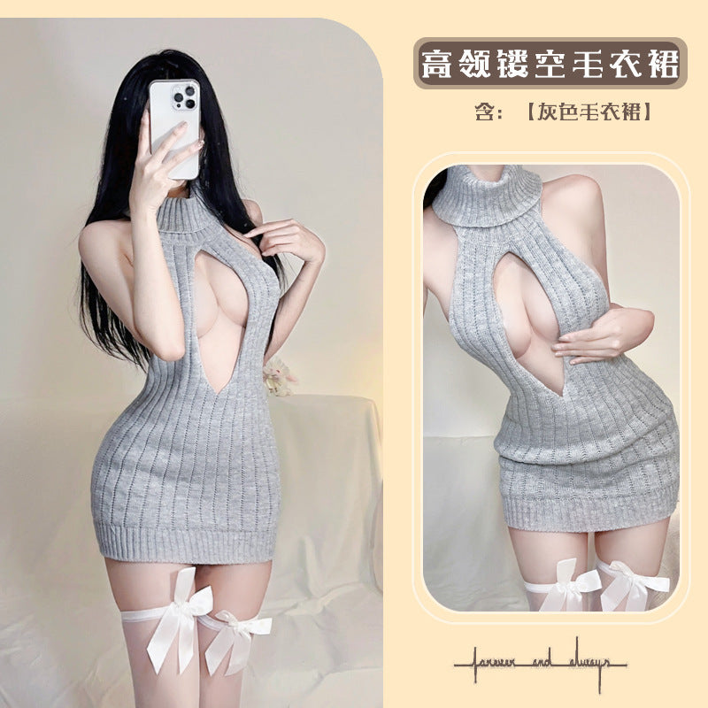 性感漏乳纯欲露背高领无袖针织毛衣2089
