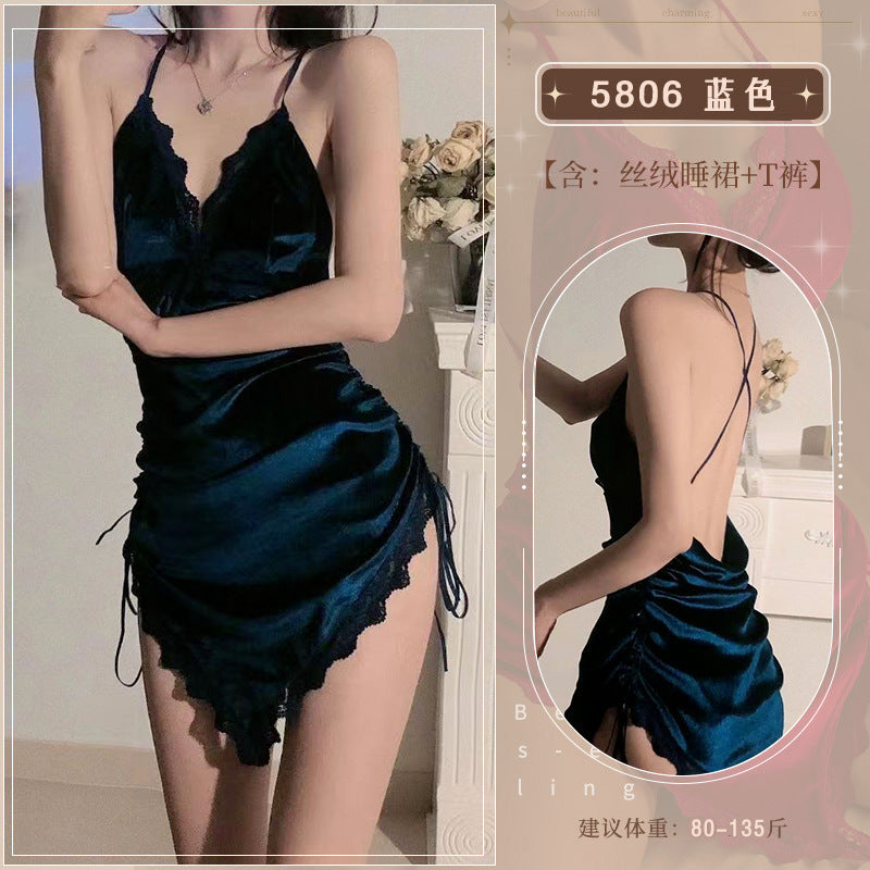 金丝绒性感蕾丝侧开诱惑吊带睡衣5352