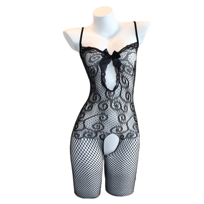 Hollow Strap Open Crotch Fishnet Bodysuit