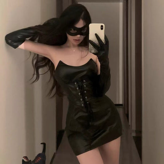 Succubus Patent Leather Demon Tube-Top Leather Skirt Costume F845 | 魅魔漆皮恶魔抹胸皮裙F845