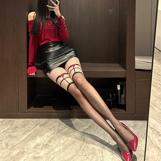 性感吊带腿环蝴蝶结绑带薄袜3437