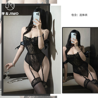 性感蕾丝绑带塑身纯欲缕空蝴蝶结捆绑连体衣7034