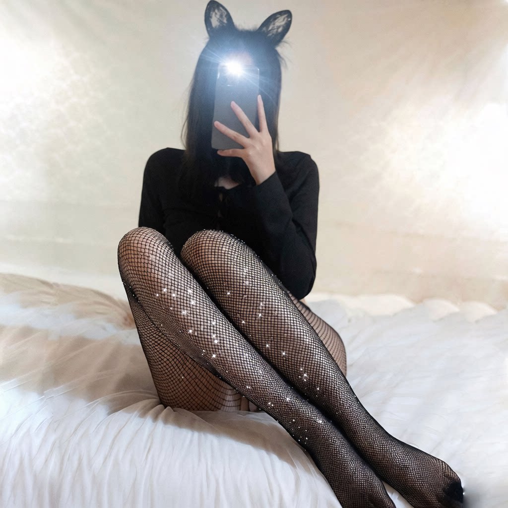 Black Rhinestone Fishnet Stockings with Cutout A59 | 网红烫钻网袜镂空黑丝A59
