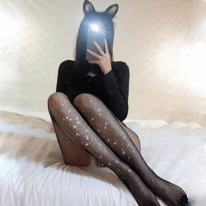 White Rhinestone Fishnet Stockings with Cutout A59 | 网红烫钻网袜镂空白丝A59