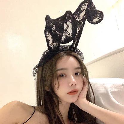 化妆舞会头饰兔耳蕾丝面纱
