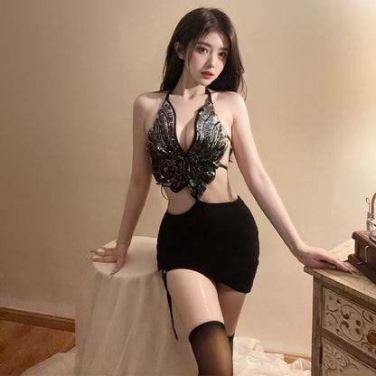 蝴蝶夫人性感露背紧身吊带睡裙5963