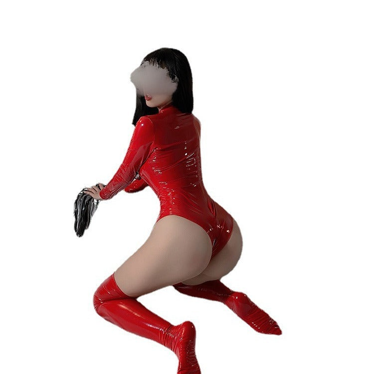 SM Patent Leather Zip-Up Open-Hip Tight Costume – Black 4002 | SM漆皮拉链露臀紧身黑4002