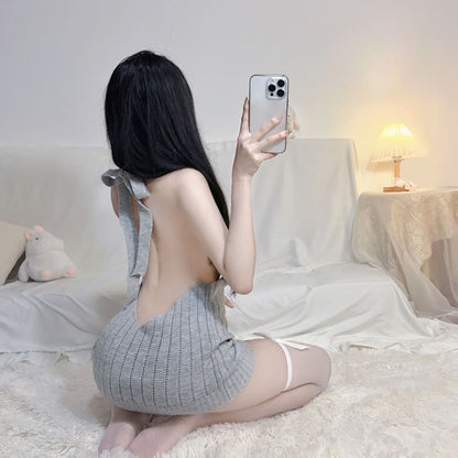 性感漏乳纯欲露背高领无袖针织毛衣2089