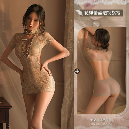 蕾丝诱惑旗袍绑带镂空1803