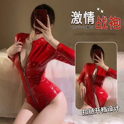 亮光漆皮情趣管舞夜店连体衣4002