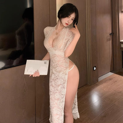 性感蕾丝长裙火辣侧开叉修身睡衣8203