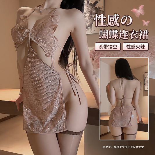 性感露背系带亮片纯欲蝴蝶吊带睡裙玫瑰金F114