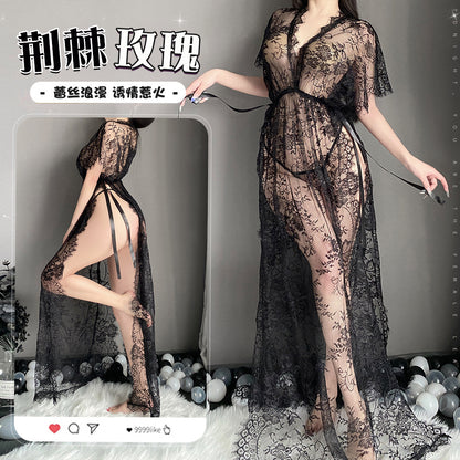 纯欲诱惑睡衣套装蕾丝透明长款睡裙2139