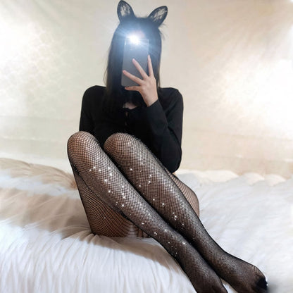 Black Rhinestone Fishnet Stockings with Cutout A59 | 网红烫钻网袜镂空黑丝A59