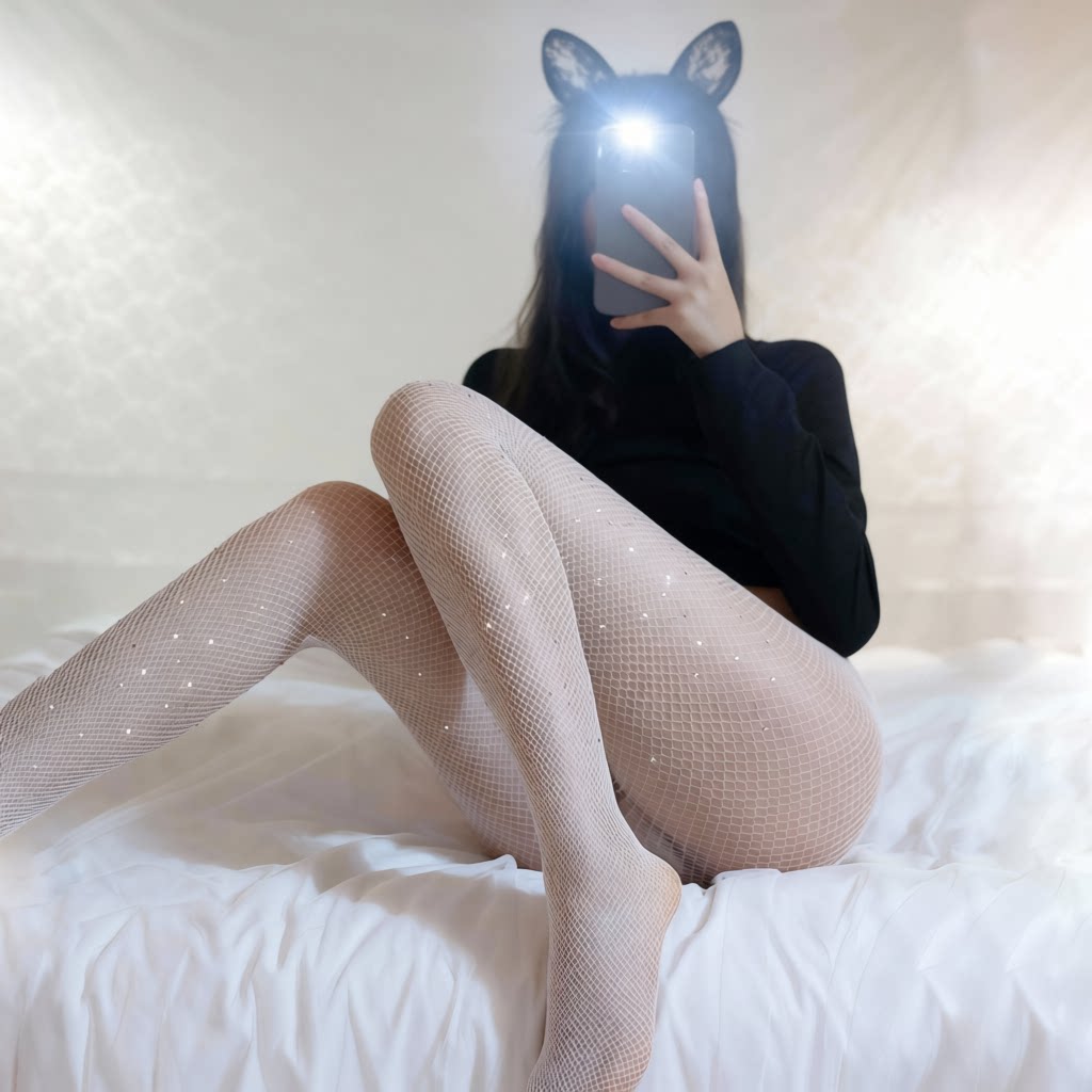 White Rhinestone Fishnet Stockings with Cutout A59 | 网红烫钻网袜镂空白丝A59