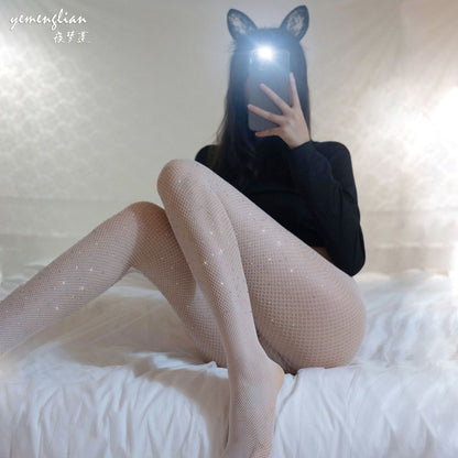 White Rhinestone Fishnet Stockings with Cutout A59 | 网红烫钻网袜镂空白丝A59