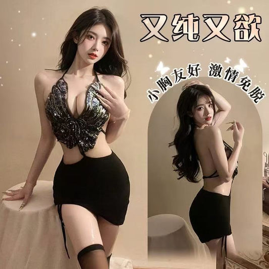 蝴蝶夫人性感露背紧身吊带睡裙5963