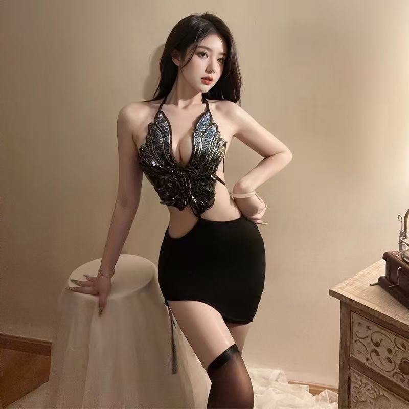 蝴蝶夫人性感露背紧身吊带睡裙5963
