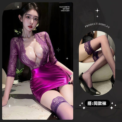 蕾丝薄纱透视绑带睡袍 2033