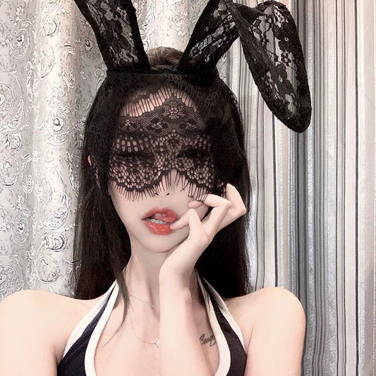 化妆舞会头饰兔耳蕾丝面纱