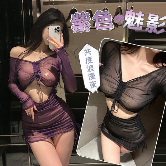 透视长袖包臀连衣裙火辣睡衣套装F562
