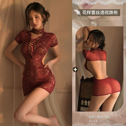 蕾丝诱惑旗袍绑带镂空1803